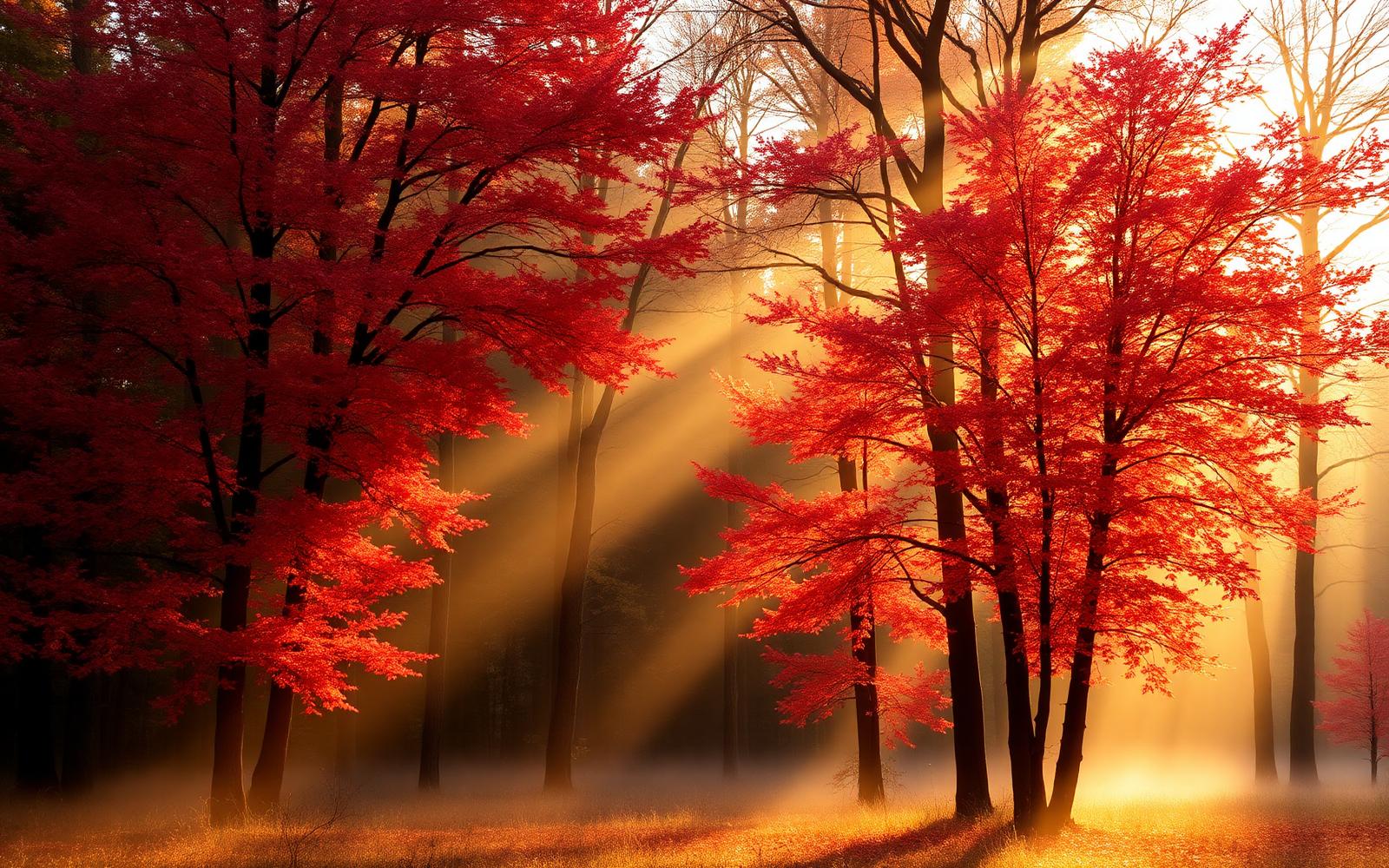 Misty Canadian forest with red maple trees in autumn light
