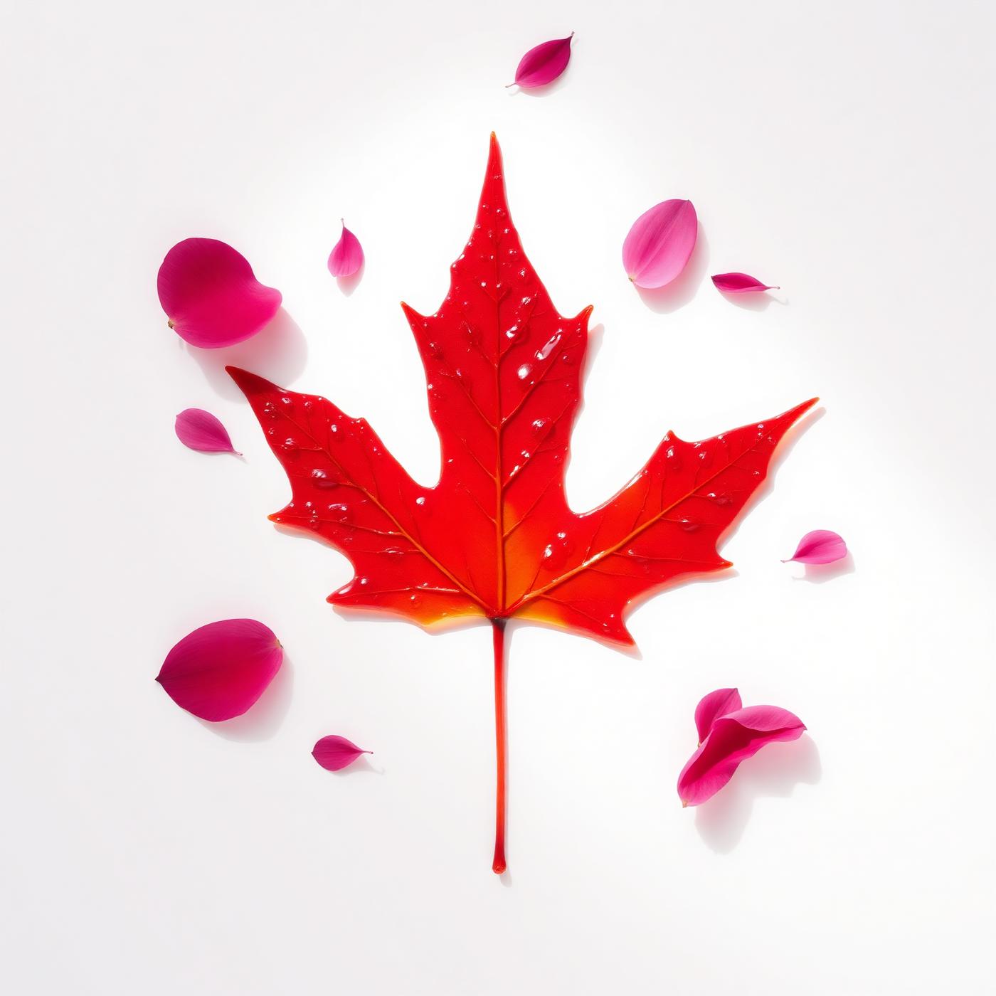 Artistic red maple leaf composed of honey droplets and pink flower petals