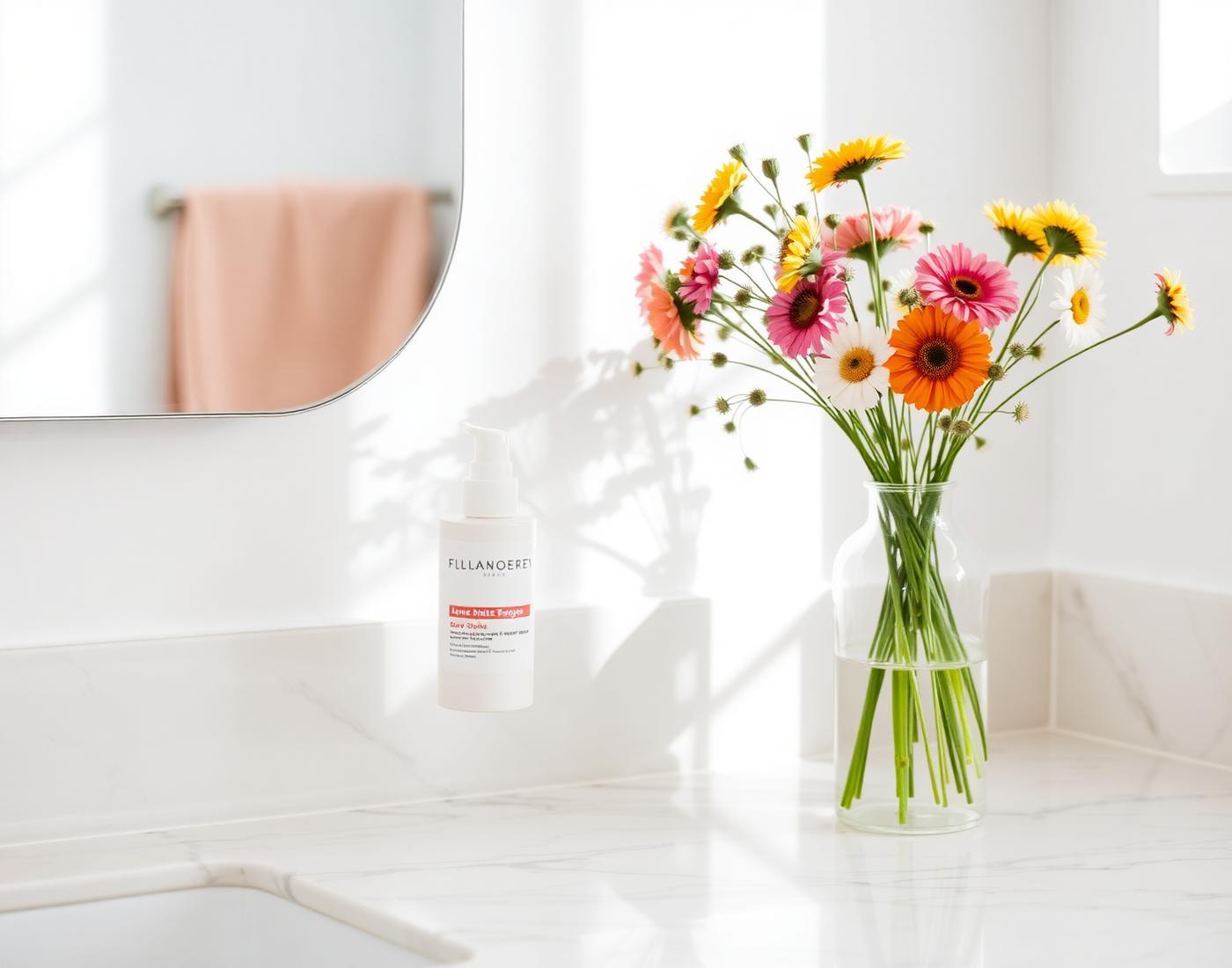 Bright minimal bathroom vanity with white skincare bottle and fresh wildflowers