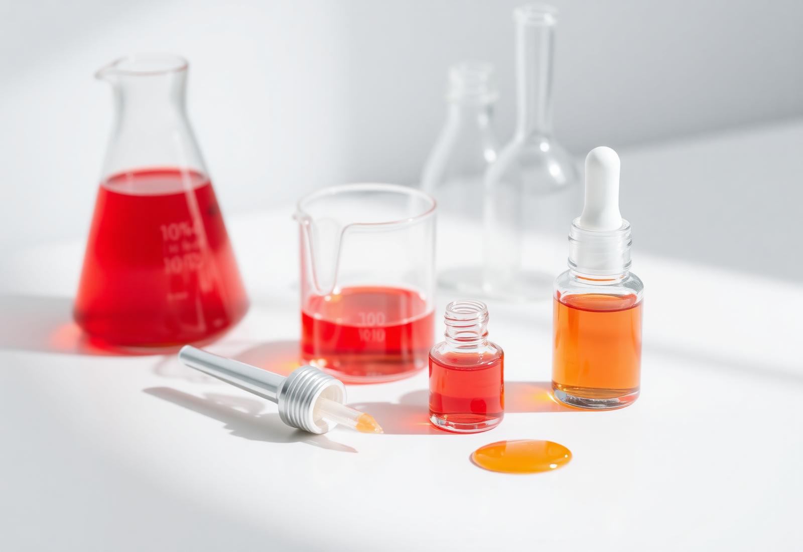 Cosmetic lab with glass beakers, droppers, and red and amber formula textures